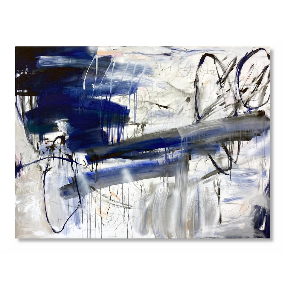 "Finding a Shared Language", 200 x 150cm, Social Structures Abstract mixed media painting in blue and black by Jutta Rika Bressem