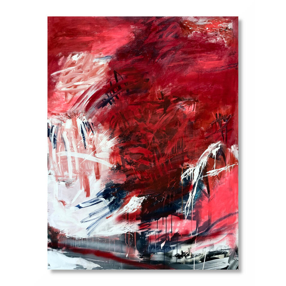 "Impact Echo", 120 x 160 cm, Pulsing Fields Abstract mixed media painting in red and black by Jutta Rika Bressem